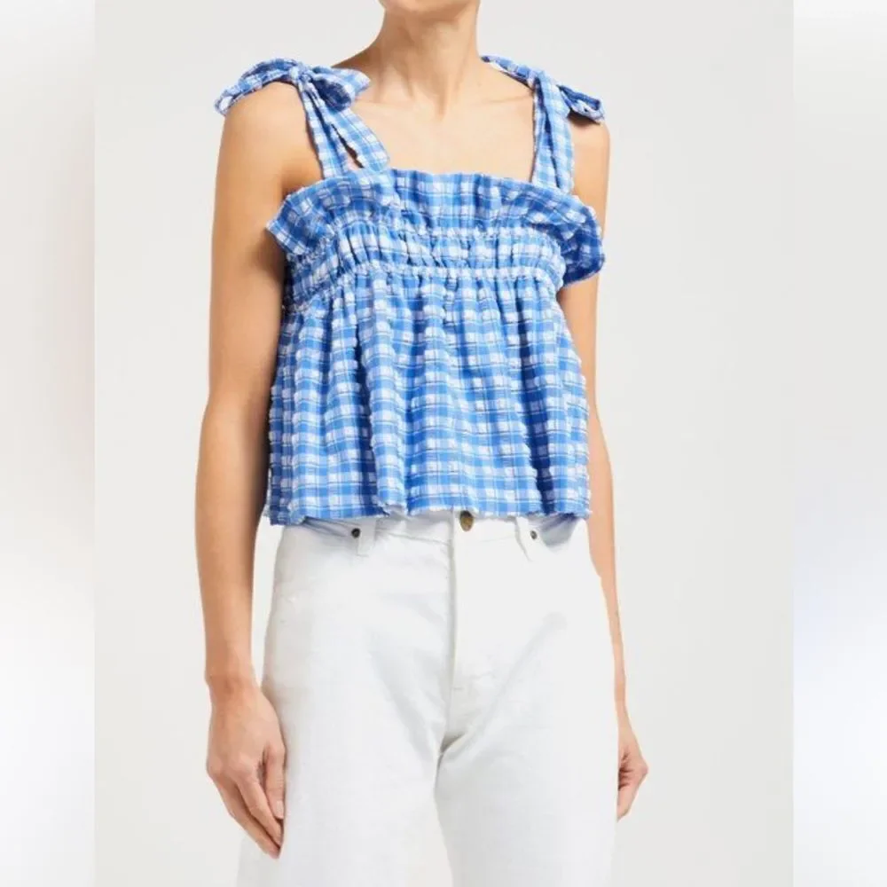Ganni Murillo Seersucker Crop Top – Blue Plaid Gingham Swimwear, Size M